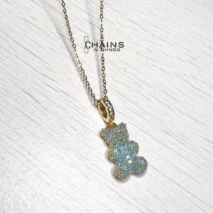 Gummy Bear Baby Blue gold plated Necklace Stainless steel 16" Crystal Zirconia💙